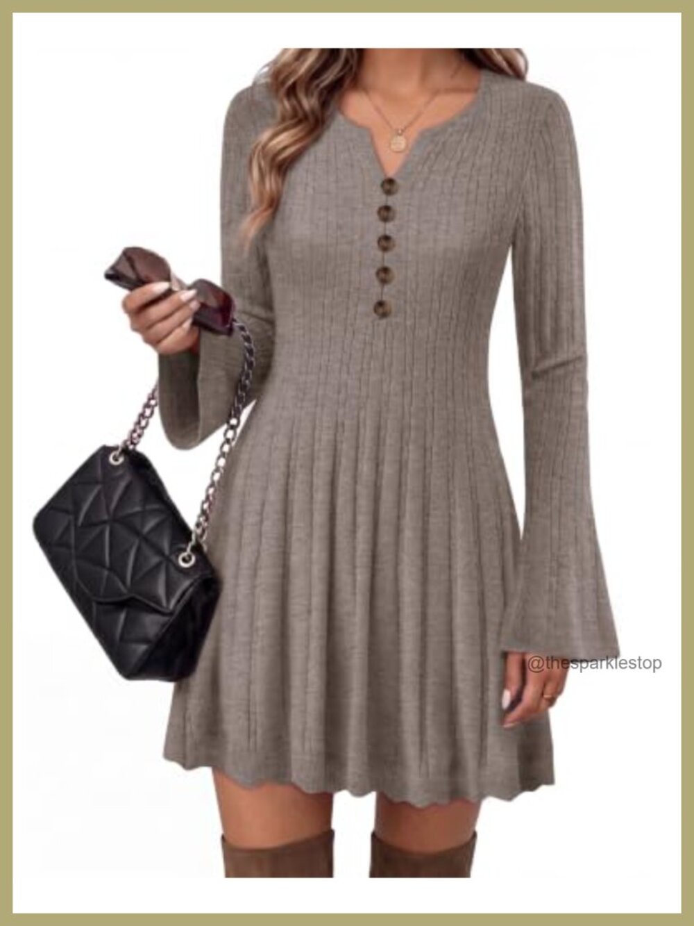 Ribbed Knit Mini Sweater Dress Long Sleeve Henley V-Neck Fit & Flare